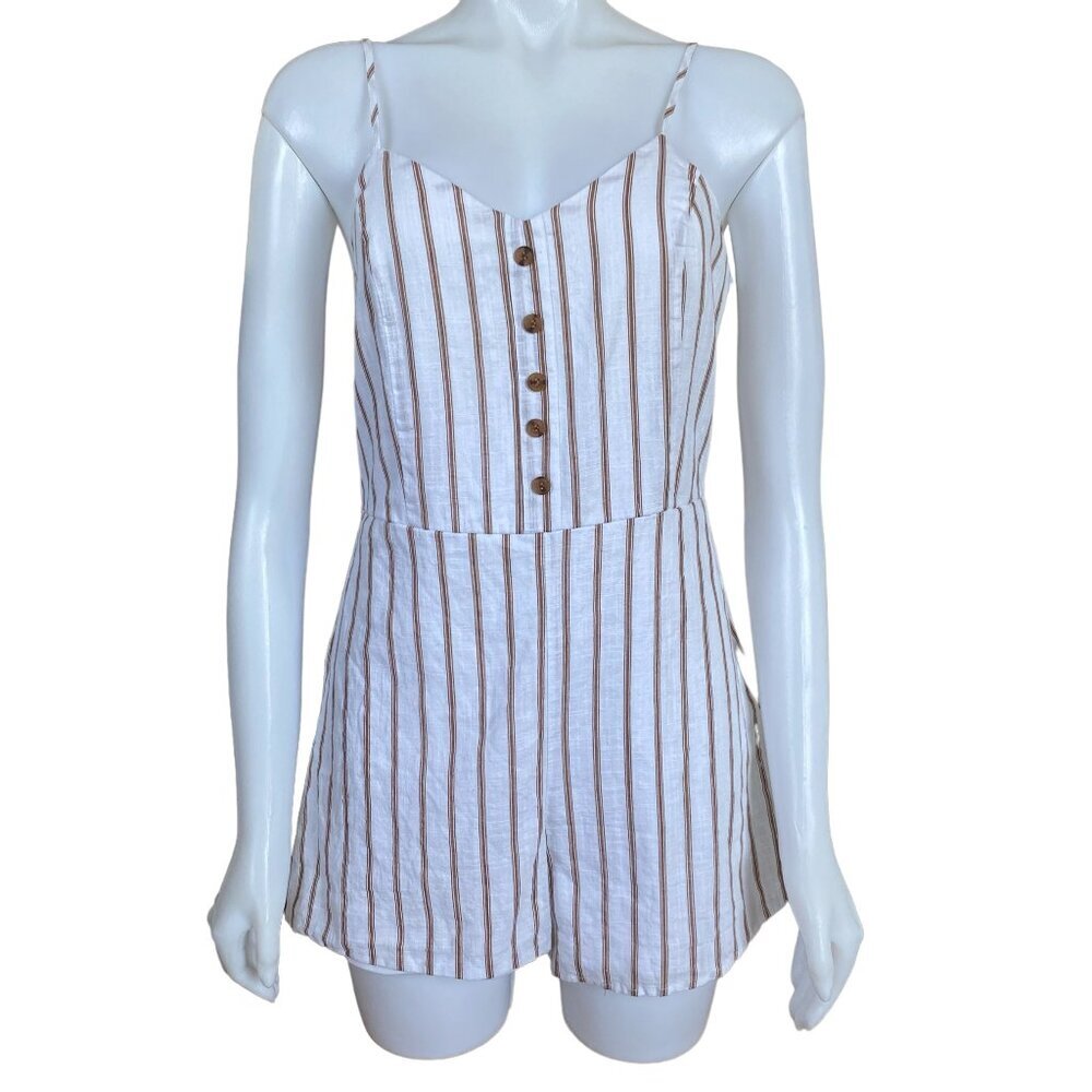 Love Crazy women's medium brown and white striped v-neck lined casual romper